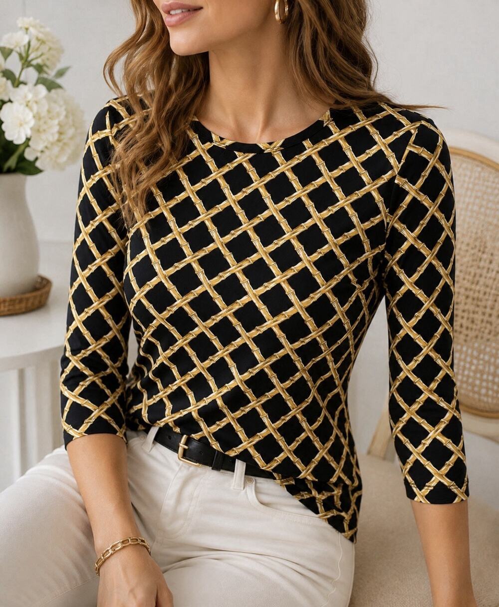 J McGlaughlin Bamboo Trellis Print Catalina Cloth Top Med 3/4 Slv Black Gold